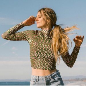 Urban Outfitters Pink & Green Swirl Scrunch Velvet Long Sleeve See Through Top